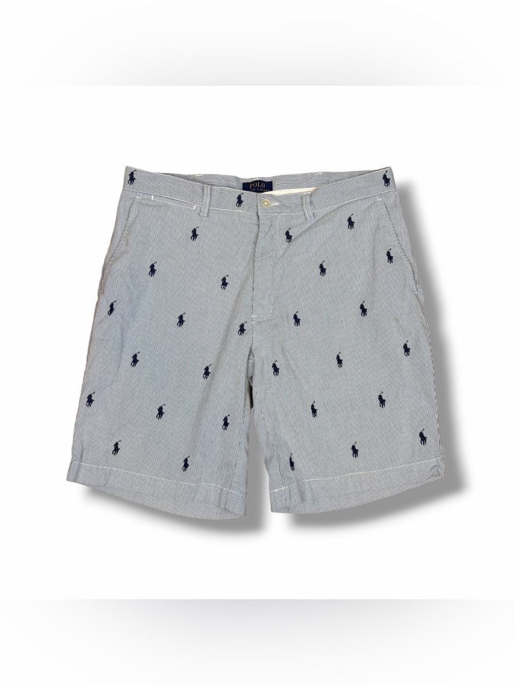 Polo Ralph Lauren Shorts Seersucker Blue Chino All Over Pony’s Preppy Sz 34